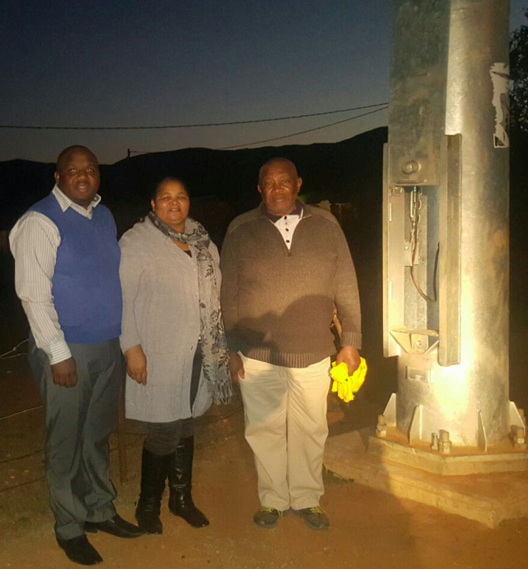 Councillors Patrick Kota, Thandeka Maseti and Xolisile Persent switched on the new high mast light at Centerton, Hankey. 