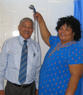 Social Services Porfolio Clr Thandeka Maseti and Social Services Director Japie Jansen inspect the new showers for the disabled at Dolphin Beach.